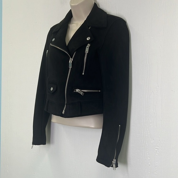 Zara - Black Faux Suede Cropped Moto Biker Long Sleeve Zipper Jacket Size XS - Picture 6 of 11